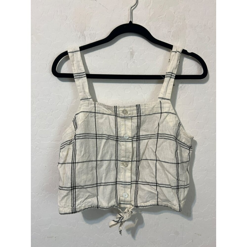 A New Day Linen Blend Crop Cami Tank Top Sz L Button Down Tie Front Windowpane P